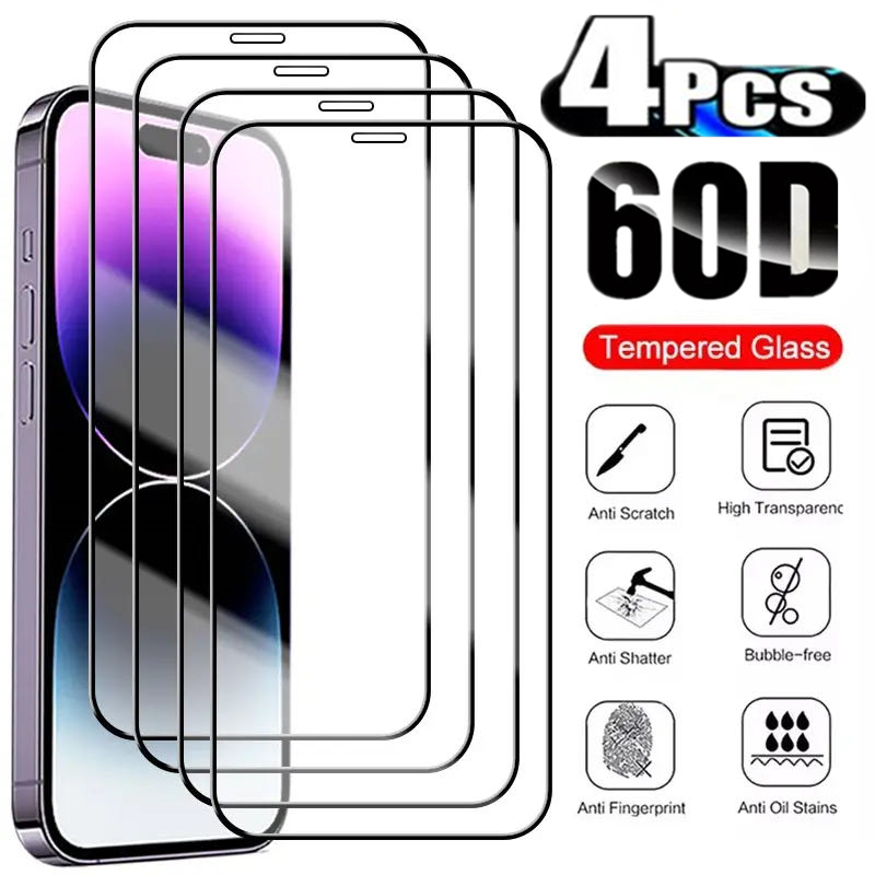 Verre de protection complet 60D pour iPhone, protecteurs d'écran, iPhone 13, 12, Mini, 14, Pro, 15, 11, X, Poly, XS, MAX, 6, 7, 8 Plus, 4 pièces n° 1