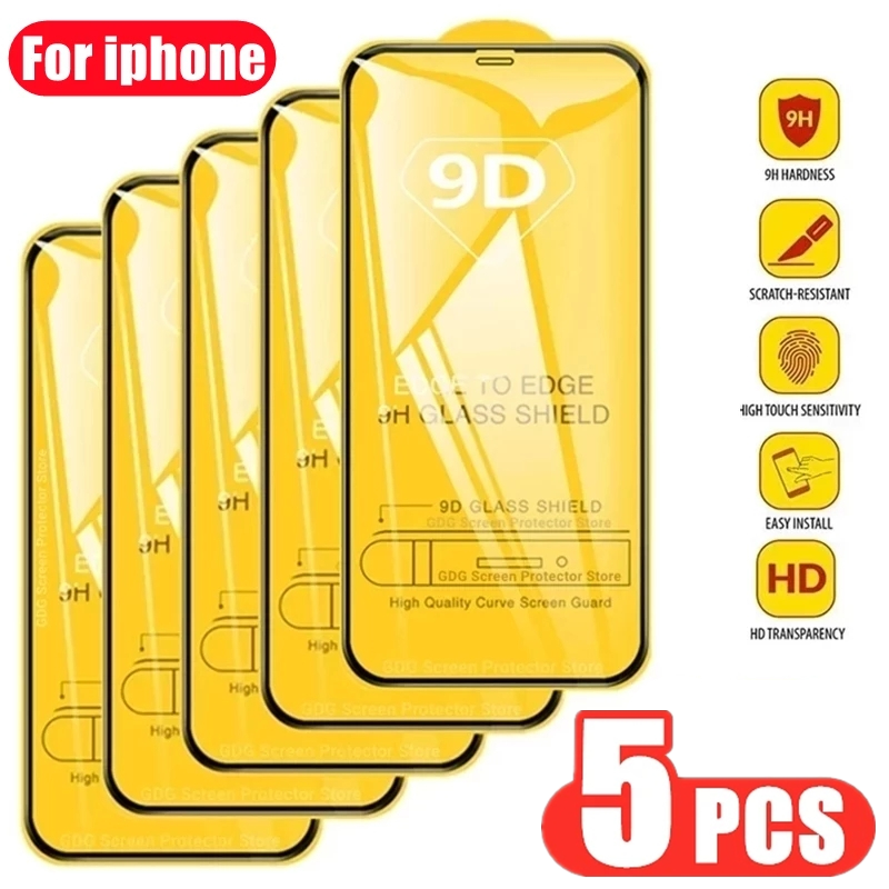 Protecteur d'écran en verre de protection 9D, verre guatémaltèque, iPhone 14 13 12 11 Pro Max Mini 7 8 Plus 11 15 Poly XS MAX, 5 pièces n° 1