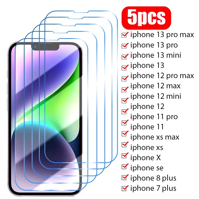 Protecteur d'Écran en Verre pour iPhone, 5 Pièces, pour Modèles 14 13 12 11 Pro Max Mini 14 8 7 6 6S Plus X Poly XS Max SE 2022 n° 1